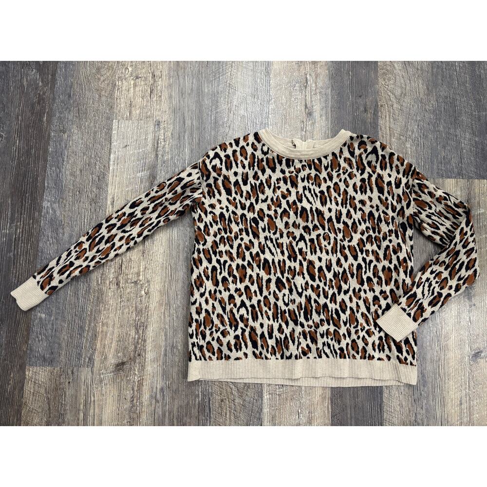 HM Womens XS‎ Leopard Print Crewneck Sweater Back Zipper Tan Brown Animal Print